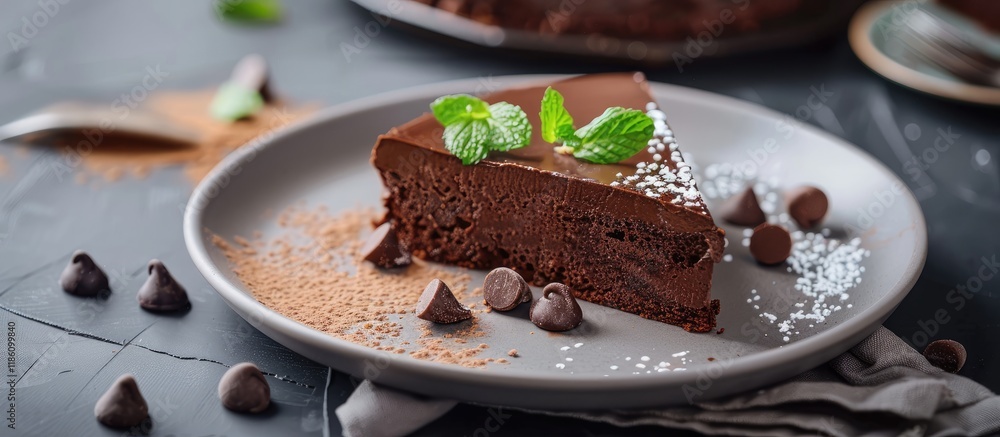Poster plate with a slice of delicious homemade chocolate cake on the table. with copy space image. place f