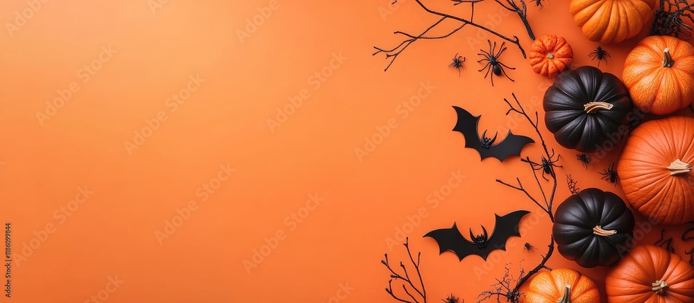Aufkleber decorative halloween backdrop bats spiders branches and black and orange pumpkins arranged on an ora