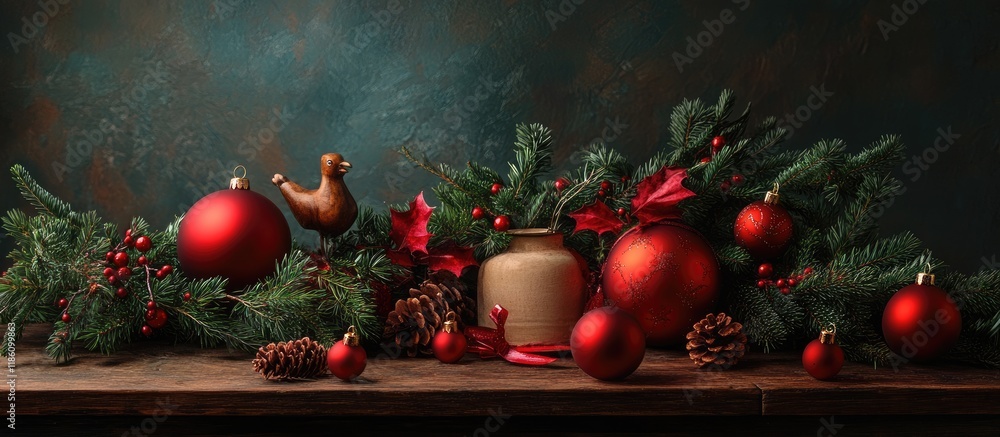 Aufkleber Christmas still life featuring red toys spruce branches and festive ornaments. with copy space image. Place for adding text or design