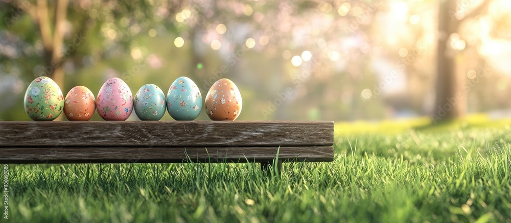 Leinwandbilder a set of painted easter eggs celebrating a happy easter is placed on cut grass next to a wooden benc
