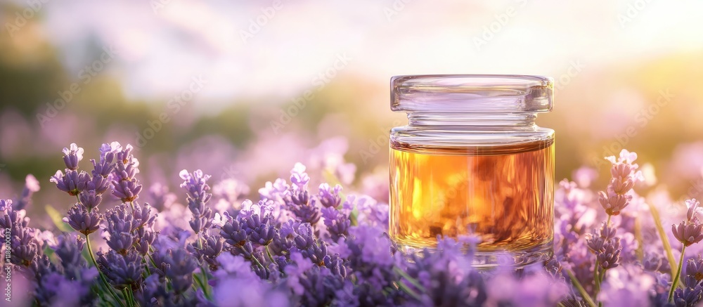 Aufkleber Lavender oil in a glass container set against a backdrop of fresh flowers Aromatherapy. with copy space image. Place for adding text or design
