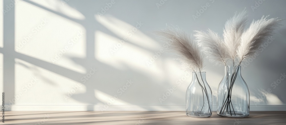 Leinwandbilder Two glass vases with ornamental feathers on a wooden floor and a white wall in the background close up. with copy space image. Place for adding text or design