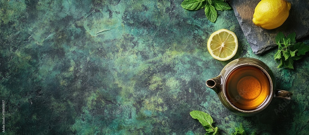 Poster herbal tea infused with mint and lemon a teapot resting on a stone table top view flat lay featuring