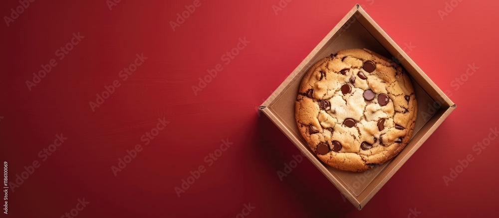 Fototapete Image of a cardboard box containing a cookie on a red background. with copy space image. Place for adding text or design