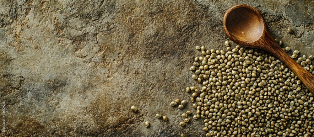 Fototapete background of hemp food seeds accompanied by a rustic wooden spoon area for text. with copy space im