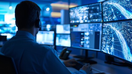 Fototapeta premium A person monitors multiple screens displaying data and network visuals, symbolizing cybersecurity vigilance.