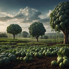 Paint a surreal landscape where vegetables grow to the size of trees.