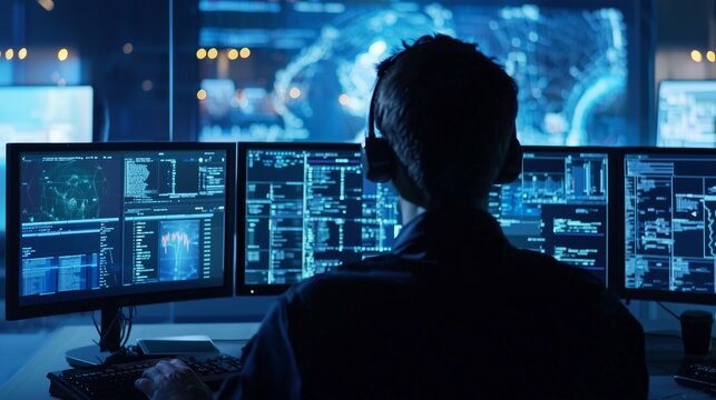 Person monitors multiple screens in a high-tech environment, symbolizing automated incident response.