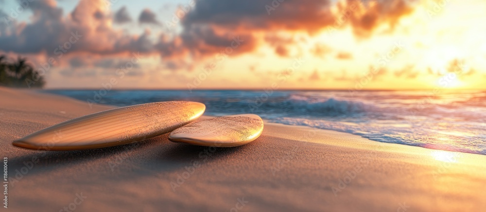 Poster summer backdrop two surfboards on the sandy beach at sunset or sunrise. with copy space image. place