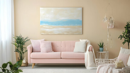 Beige and pastel living room with soft pink seating and calming wall art.