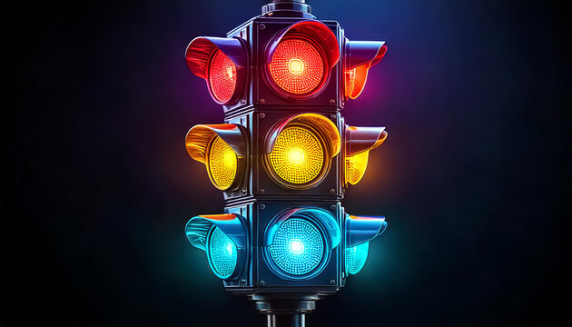 colorful glowing neon traffic light 3d, dark background