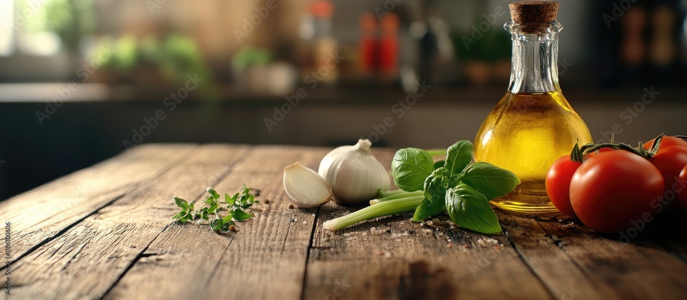 Leinwandbilder Cooking ingredients on a wooden table include spring onion basil tomato and olive oil. with copy space image. Place for adding text or design