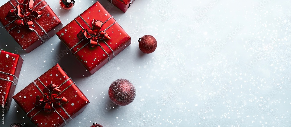 Poster red christmas gift boxes on a textured white background. with copy space image. place for adding tex
