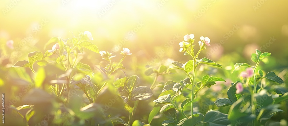 Poster lovely field with flowering potato plants on a sunny day close up. with copy space image. place for 