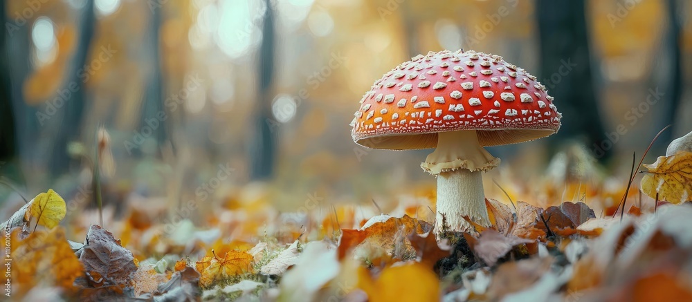 Poster Red Fly Agaric Amanita Muscaria Poisonous Mushroom in a Close Up View in an Autumn Forest. with copy space image. Place for adding text or design