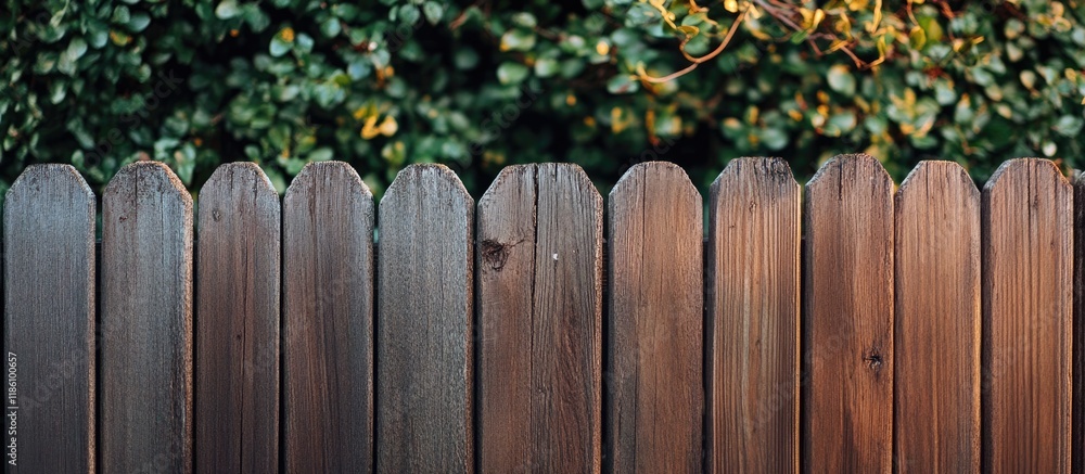 Poster A close up image of the top of a wooden picket fence with branches hanging in the background. with copy space image. Place for adding text or design