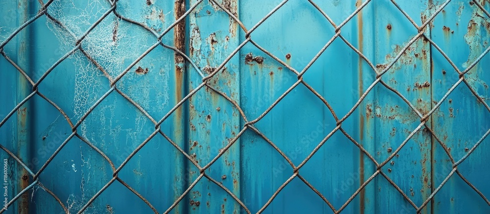 Aufkleber Blue urban abstract detail as a background with reinforced wire mesh resting against the wall. with copy space image. Place for adding text or design