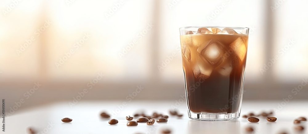 Poster iced coffee in a glass on a white table. with copy space image. place for adding text or design