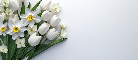 Fototapeta premium a beautiful bouquet of fresh narcissus and tulips set against a white background. with copy space image. Place for adding text or design