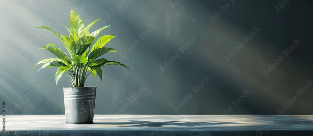 Aufkleber green plant in a metal vase sitting on a table. with copy space image. place for adding text or desi