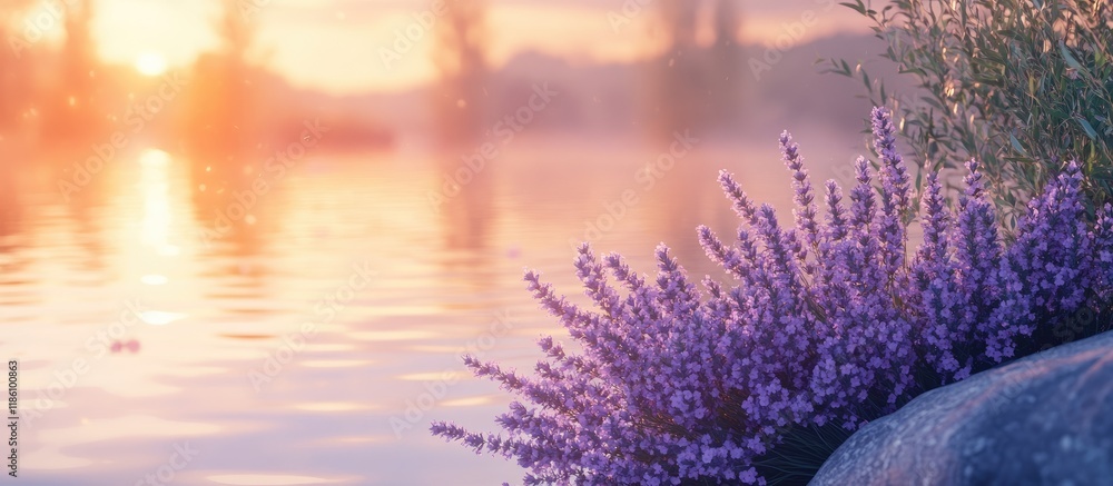 Aufkleber lavender blossoms beside the river at twilight. with copy space image. Place for adding text or design