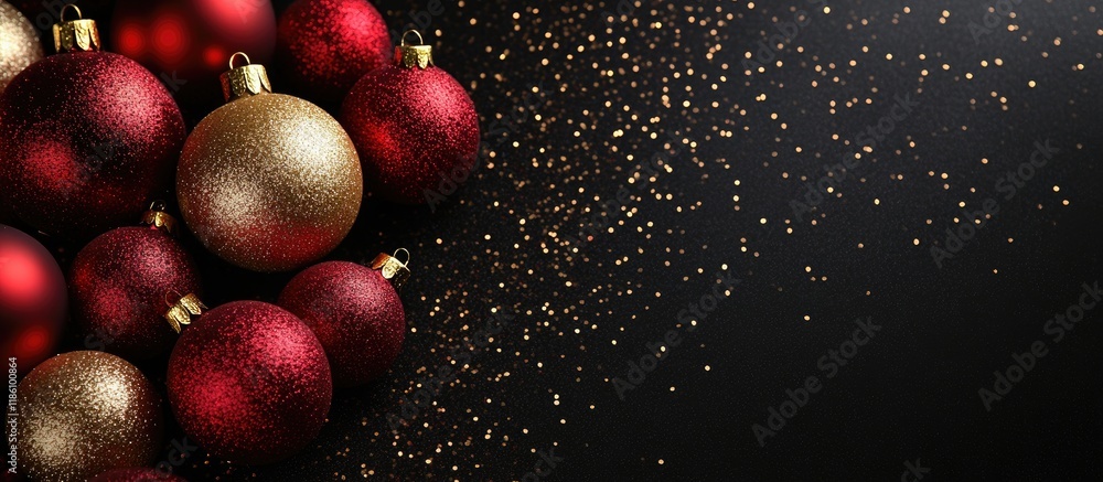 Aufkleber red and gold glitter ornaments on a black background for a simple christmas banner or card graphic t