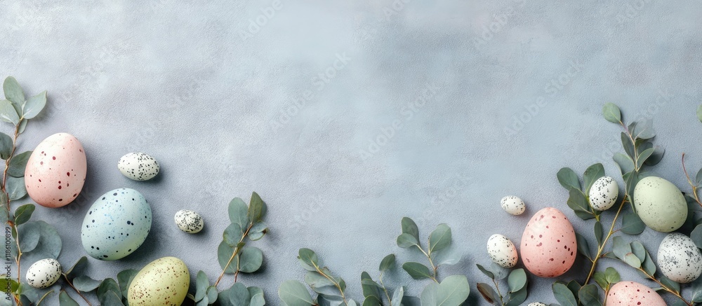 Fototapete frame composed of easter eggs and eucalyptus branches on a grey background. with copy space image. p