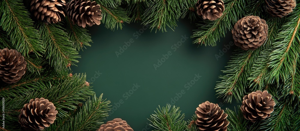 Aufkleber Fir branches and pine cones arranged in a frame Christmas template. with copy space image. Place for adding text or design