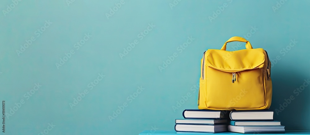 Poster School backpack and books on a table with a blue background Back to school theme. with copy space image. Place for adding text or design