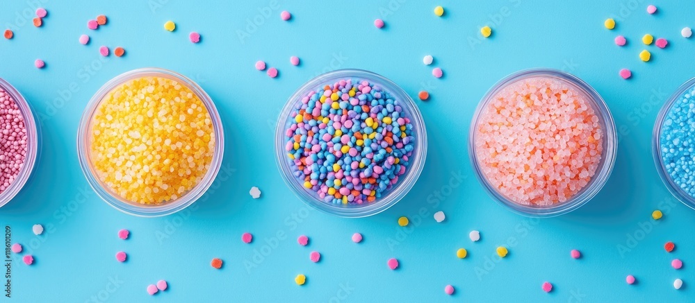 Leinwandbilder colorful sugar sprinkles packaged on a blue background top view of dessert toppings. with copy space