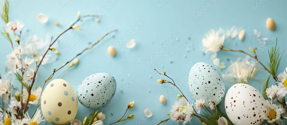 Leinwandbilder easter greeting card featuring easter eggs flowers and willow twigs. with copy space image. place fo