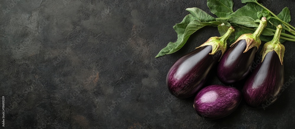 Poster fresh eggplants on a dark backdrop. with copy space image. place for adding text or design