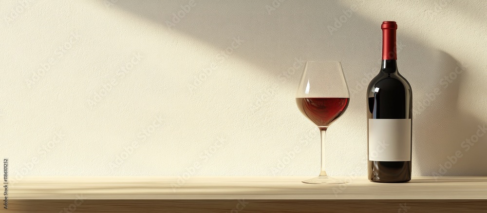 Aufkleber Red wine in a glass alongside a bottle on a light wooden table. with copy space image. Place for adding text or design