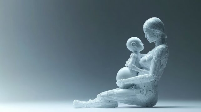 The birth of humanized artificial intelligence. A pregnant woman carries the robot from below her belly with her hands. 