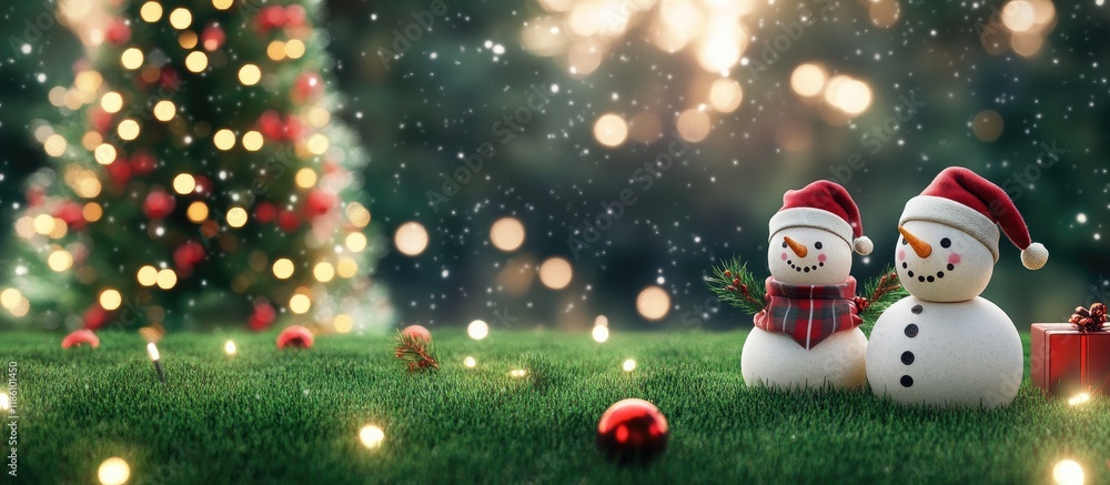 Poster Snowman on green lawn with a Christmas tree Santa Claus and the snowman set against a Christmas tree background. with copy space image. Place for adding text or design