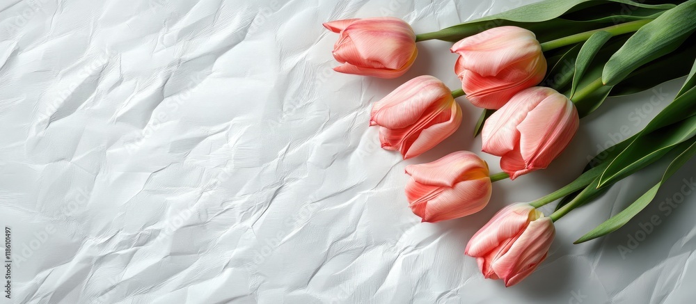 Leinwandbilder a bouquet of pink tulips resting alone on a white kraft paper background. with copy space image. pla