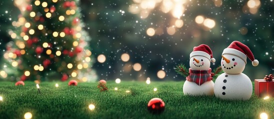Fototapeta premium Snowman on green lawn with a Christmas tree Santa Claus and the snowman set against a Christmas tree background. with copy space image. Place for adding text or design