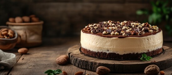 Fototapeta premium Homemade cake cheesecake adorned with nuts and chocolate on a wooden table copyspace