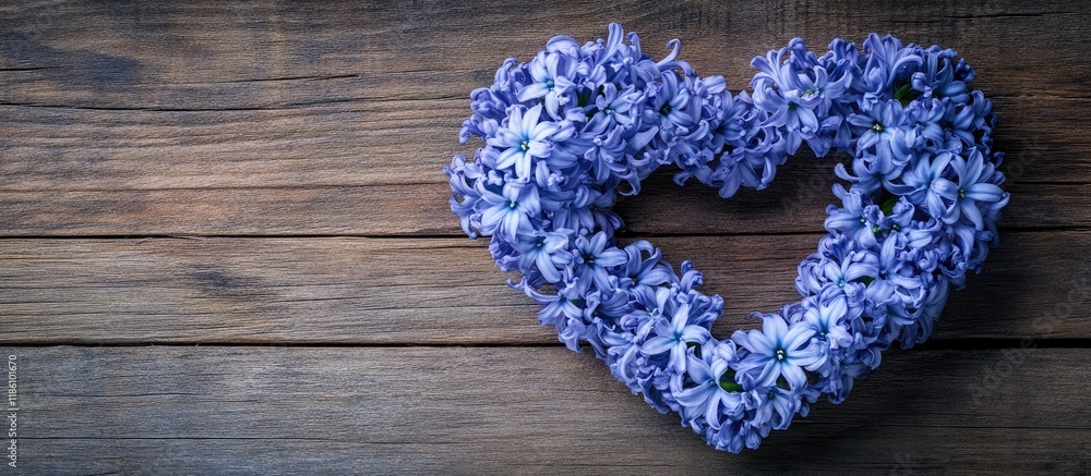 Aufkleber heart shaped from hyacinth flowers on a rustic wooden backdrop. with copy space image. place for add