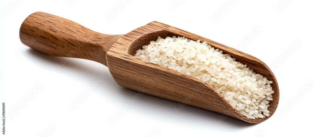 Poster Wooden scoop filled with rice on a white background. with copy space image. Place for adding text or design