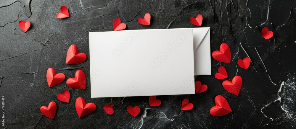 Aufkleber top view of a blank white greeting card and red paper cut hearts on a black background. with copy sp