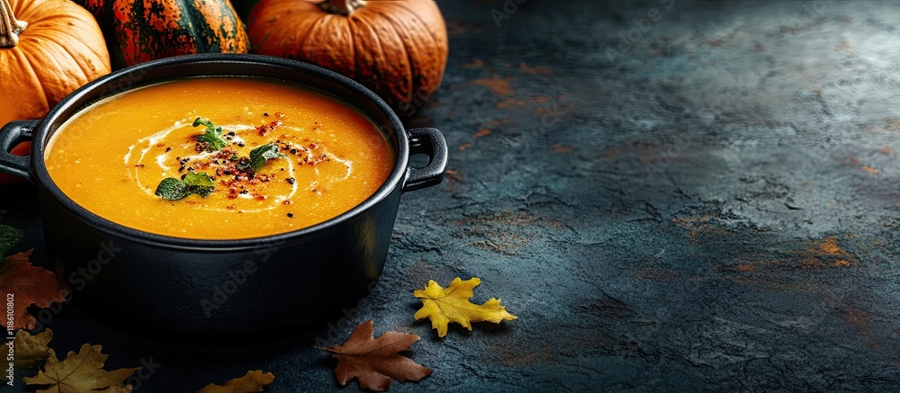 Fototapete delicious pumpkin cream soup in a pot on a table. with copy space image. place for adding text or de