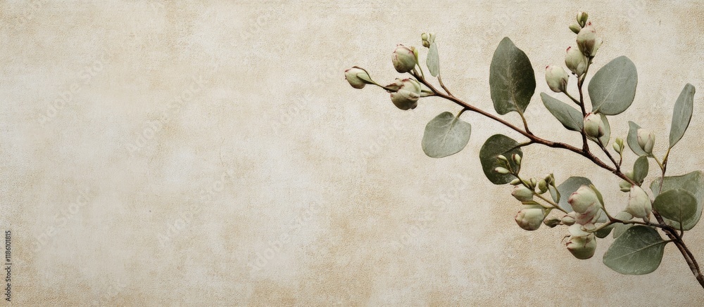 Poster textured antique paper background featuring a flowering eucalyptus camaldulensis branch. with copy s