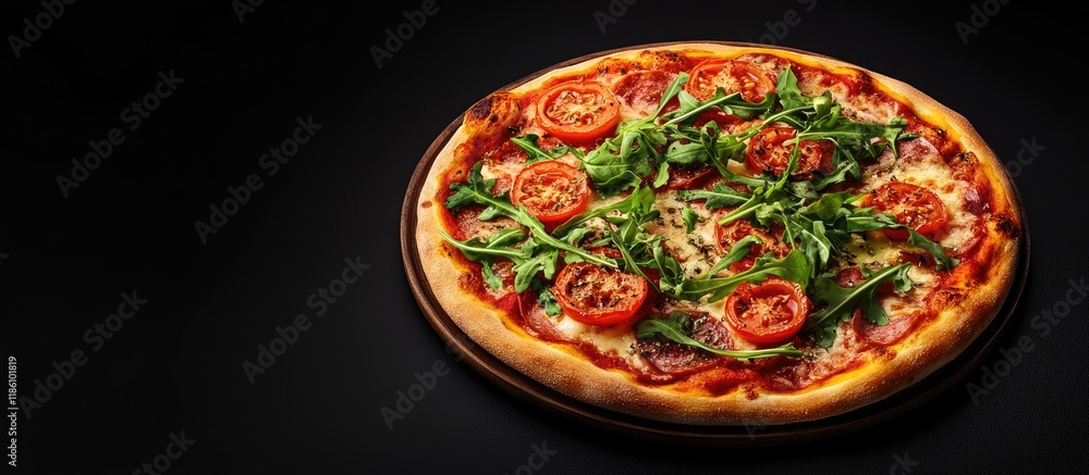 Poster pizza topped with tomatoes and arugula. with copy space image. place for adding text or design