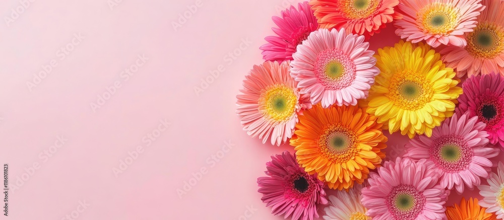 Fototapete vibrant and colorful gerbera flowers on a pink background arranged in a flat lay room for text. with