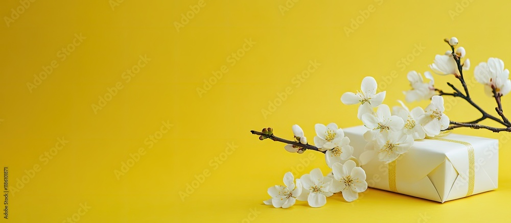 Fototapete spring present on a yellow backdrop. with copy space image. Place for adding text or design