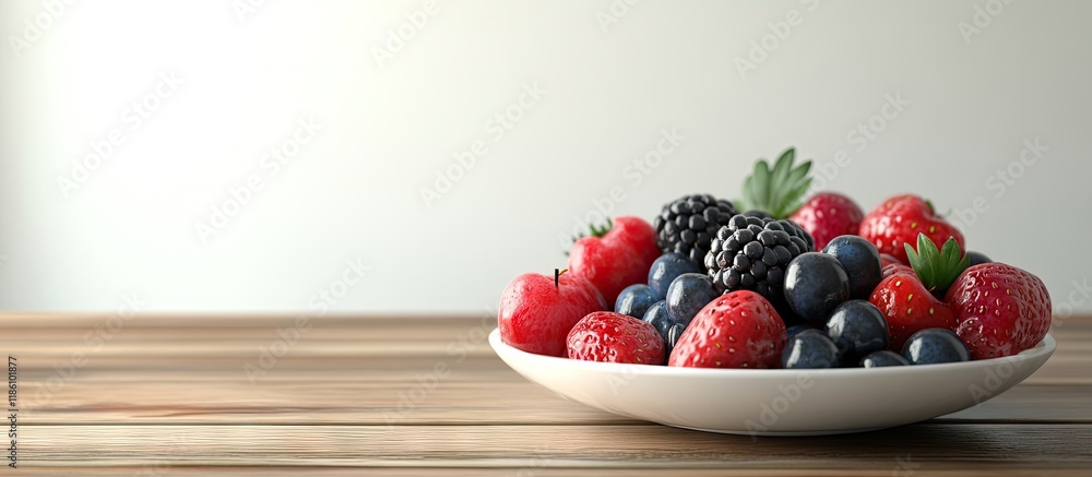 Aufkleber plate with a mix of fresh delicious berries on a wooden table set against a white background. with c