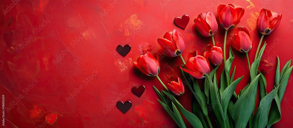 Aufkleber Valentine s Day arrangement featuring red tulips and hearts against a red backdrop Flat lay top view. with copy space image. Place for adding text or design