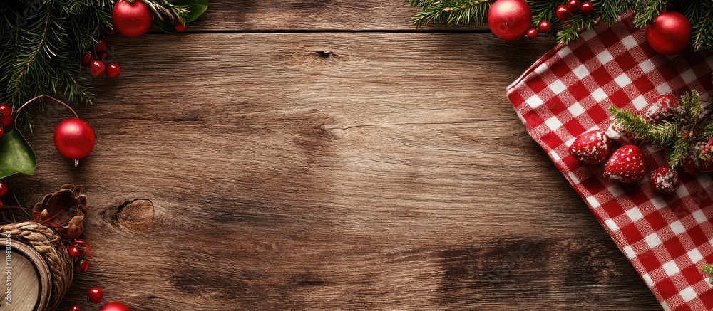 Aufkleber christmas handmade decoration featuring gingham fabric on a rustic elm wood background retro style d