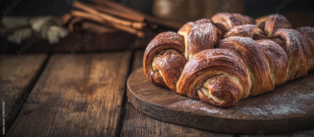 Aufkleber cinnamon twisted loaf bread or babka set against a dark wooden background still life rustic style. w